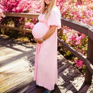 PinkBlush Pink Front Tie Puff Sleeve Maternity Maxi Dress